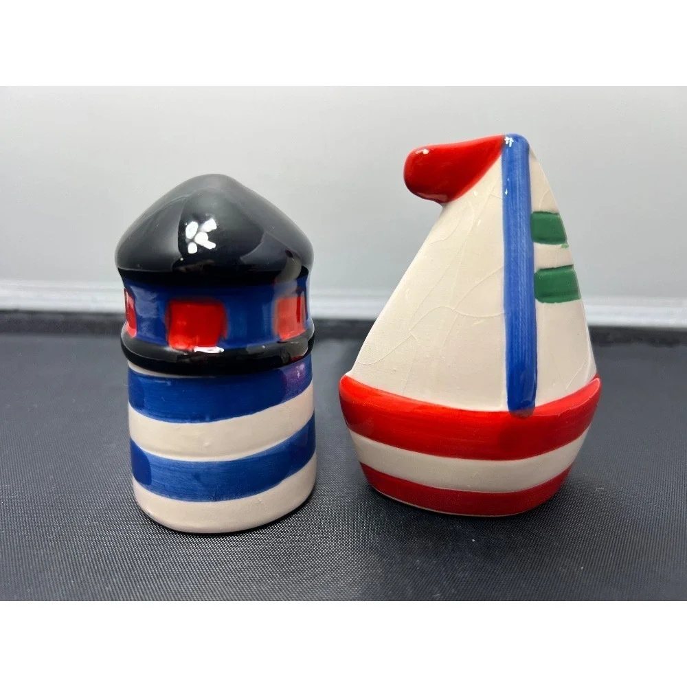 Nautical Salt and Pepper Shakers Lighthouse Sailboat‎ Ceramic Kitchen Decor